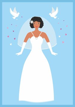Bride with fairy tale of Cinderella as inspiration. Pigeons and hearts in surrondings. Concept with people with different colors and orgin.