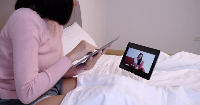 User interface remotely asian woman video conferencing with tutor education