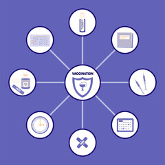 Vaccination related item set. Vaccine, syringe, shield, vaccination calendar, patch. Vaccination concept. Stock vector illustration isolated on a white background