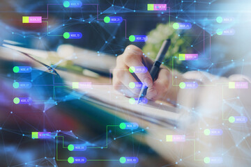 Double exposure of hands making notes background with technology and digital coding huds. Data learning concept.