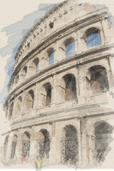 art watercolor background with europen antique town, Coliseum