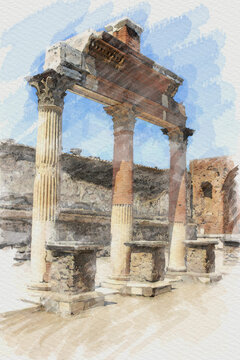 art watercolor background with europen antique town, Pompeii. The classical portico
