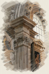art watercolor background with european antique town, Italy, Rome. Detail of classic order and small-caps in interior