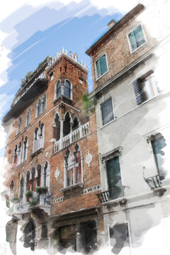 art watercolor background isolated on white basis with street  in Venice, Italy