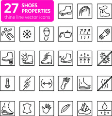 Shoes properties symbols. These icons indicate properties of footwear. Thin line icons. Editable strokes. Vector