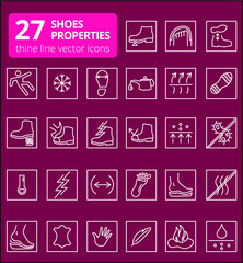 Shoes properties symbols. These icons indicate properties of footwear. Thin line icons. Editable strokes. Vector