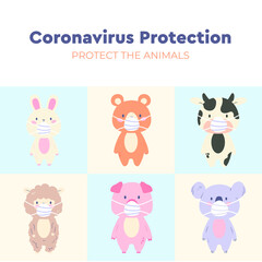 Animal Coronavirus Poster. Protect the animals, Coronavirus protection. Set of Animals Wearing Mask Vector Icon Illustration. Animals Mascot Cartoon Character. Flat Cartoon Style.
