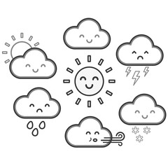 Cute kawaii cartoon weather symbols with faces. Childrens vector illustration of sunshine, clouds, rain, snow, wind and thunder. Cloud icons black outline