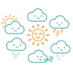 Cute kawaii cartoon weather symbols with faces. Childrens vector illustration of sunshine, clouds, rain, snow, wind and thunder. Cloud icons blue outline set