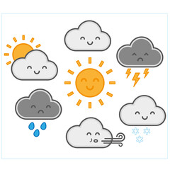 Cute kawaii cartoon weather symbols with faces. Childrens vector illustration of sunshine, clouds, rain, snow, wind and thunder. Cloud icons emotions
