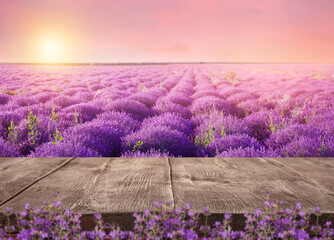 Empty wooden surface and beautiful blooming lavender field on summer day at sunset