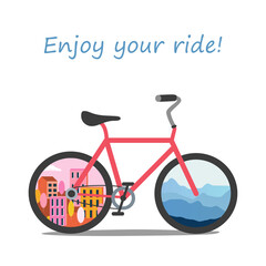Vector illustration of a red bike with city and mountains view in its wheels. Travel concept