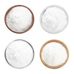 Set with bowls of baking soda on white background, top view