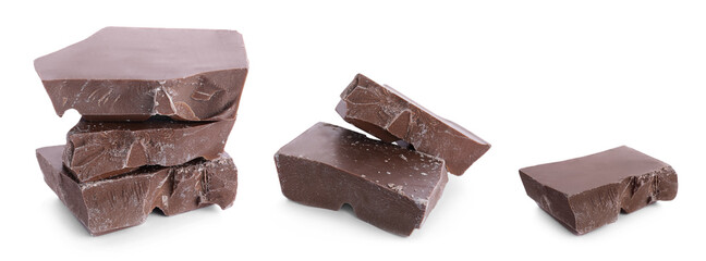 Set with delicious chocolate chunks on white background. Banner design