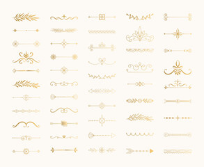 Set of vintage golden dividers and text separators. Lines and vines for page decoration. Ornate design elements. Vector isolated illustration.