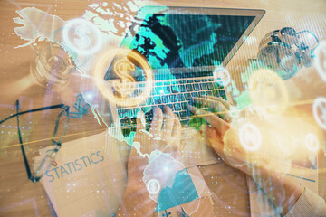 Multi exposure of forex graph with man working on computer on background. Concept of market analysis.