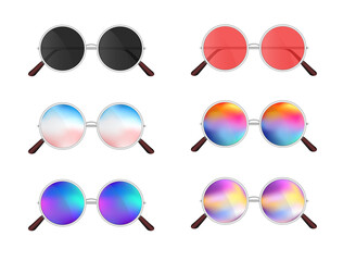 Vector set of colorful realistic sunglasses isolated on a white background. Realistic sunglasses with abstract gradient mesh glass mirrors. Summer sun protection. Summer party