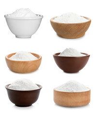 Set with bowls of baking soda on white background