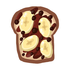 Toast with chocolate and banana decorated with chocolate chips on an isolated white background. Healthy, organic food, breakfast, lunch, dinner. Stock vector illustration.