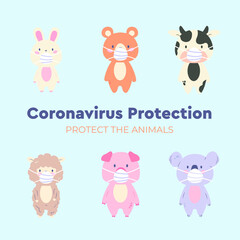 Cute animal character wearing medical mask on sky blue background. Coronavirus (COVID-19) Vector Illustration. Vector illustration for prevention the spread of bacteria,coronviruses
