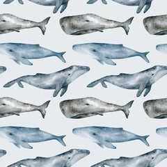 Watercolor seamless pattern with whale. Humpback, Cachalot, Blue whales. Realistic underwater animal. Marine mammal for baby textile, wallpaper, nursery decoration. Antarctic series.