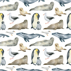 Watercolor seamless pattern with Antarctic animals. Penguin, seal, whale, bird. Wild north animals. Marine mammal for baby textile, wallpaper, nursery decoration. Antarctic series. - obrazy, fototapety, plakaty