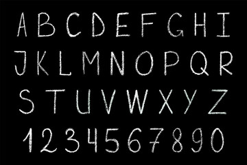 capital thin handwritten white chalk letters and numbers isolation on black background, hand-drawn chalk font on school blackboard, stock vector illustration