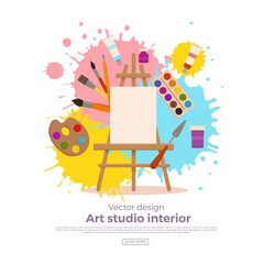 Art studio design interior colorful vector illustration.