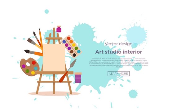 Art studio design interior colorful vector illustration.