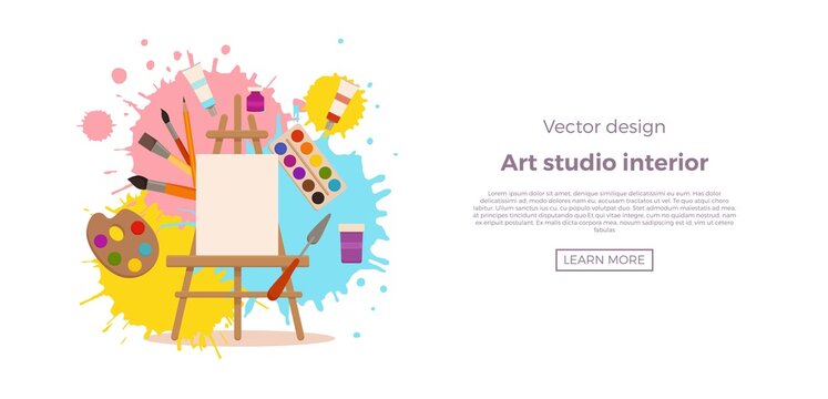 Art studio design interior colorful vector illustration.