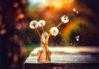 dandelion in a vase on a blurred background