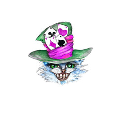 Alice in Wonderland art Cheshire cat Hatter hat portrait watercolor icon  isolated on white background