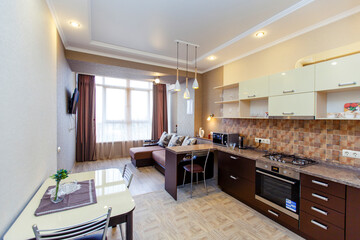 Kitchen-Studio in the apartment. Kitchen furniture with kitchen appliances. The Seating area has a large sofa with a TV.