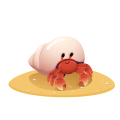 Vector illustration cute cartoon hermit crab crawling on the beach on white background.