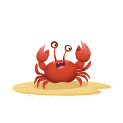 Vector illustration cute cartoon crab crawling on sand beach on white background. © kankhem