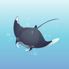 Vector illustration cute cartoon manta ray swimming in the deep blue sea. - obrazy, fototapety, plakaty