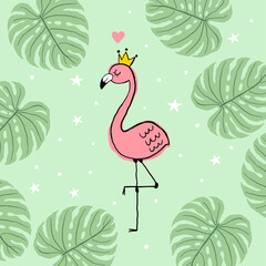 Vector illustration of a hand drawn cute pink flamingo princess with monstera leaves. Hello summer background.