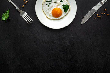 Fried eggs on plate - black desk top view space for text