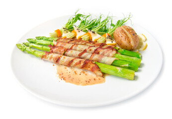 Bacon wrapped asparagus grilled with sasemi sauce and pea sprouts roll in chili  salad black sasemi decorate bake potato chedda cheese side view isolated on white background