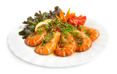 Shrimp Stir fried with chili slice and salt Thai food fusion decorate with carved tomato and yellow chili vegetables, leaf red oak  side view isolated on white background