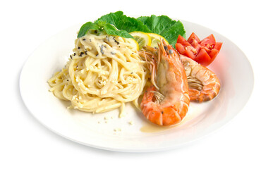 Spaghetti Carbonara with Grill Shrimp and mushroom cream sauce on top fresh basil  traditional Italian cuisine style side view isolated on white background