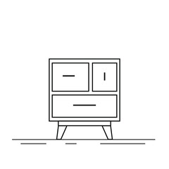 Vector icon of bedside table, modern furniture design. Bedside wooden chest of drawers, carpentry. Decorative table, linear pictogram. Dresser furniture line icon. Monochrome contour illustration.