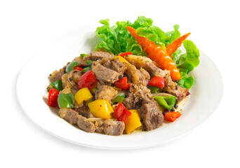 Stir Fried Beef with Black pepper and bell peppers,oyster sauce spicy food decorate with carved vegetables,chili style side view isolated on white background