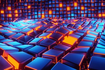 Obraz premium 3d render, glowing lines, tunnel, neon lights, virtual reality, abstract background, square portal, arch, blue spectrum vibrant colors, laser show