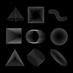 Vector Geometric Shapes Set. Abstract Shapes. Brutal Design Elements. Abstract Blended Geometric Objects. Brutalism. Brutal Design Style Icons On Black Background. Motion Elements