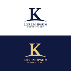 Letter K With Swoosh Logo Design Vector Template. Dark Blue And Gold Color.