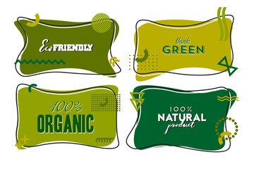 Flat linear eco, organic, natural green banners, tags, stickers, badges, etc. Vector illustration