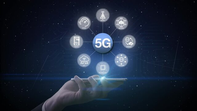 Various '5G technology' information icon on smartphone. fifth generation mobile communications, 4k animation.