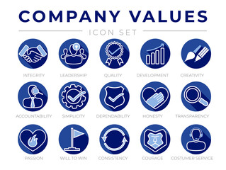 Blue Round Company Core Values Flat Icon Set. Integrity, Leadership, Quality and Development, Creativity, Simplicity, Dependability, Honesty, Transparency, Passion, Customer Service Icons.