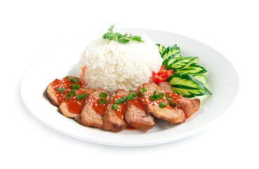Barbecue Red pork in sweet sauce on top sesame with Rice